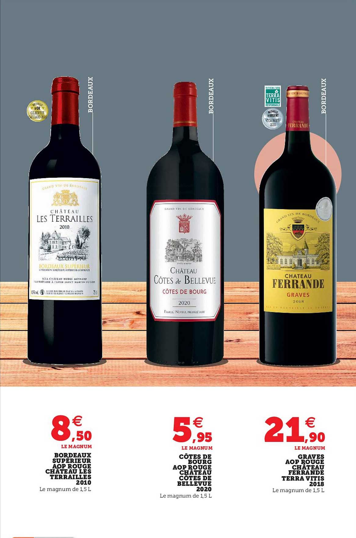 bordeaux supérieur aop rouge château les terrailles 2010, côtes de bourg aop rouge château côtes de bellevue 2020, graves aop rouge château ferrande terra vitis 2018