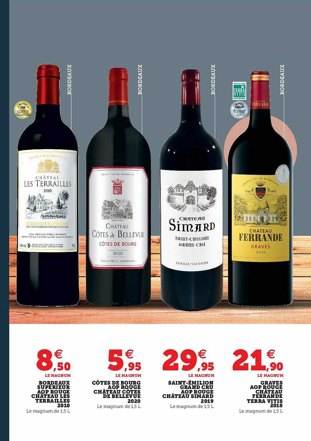 bordeaux superieur aop rouge château les terrailles 2010, côtes de bourg aop rouge château côtes de bellevue 2020, saint-émilion grand cru aop rouge château simard 2019