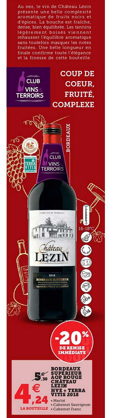 bordeaux supérieur aop rouge château lezin hve + terra vitis - 2018