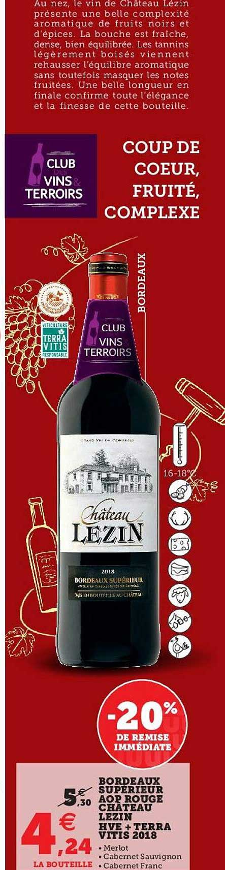 bordeaux supérieur aop rouge château lezin hve + terra vitis 2018
