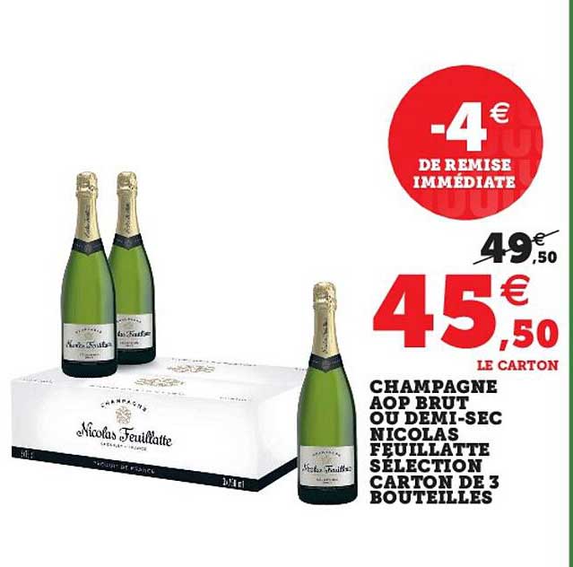 champagne aop brut ou demi-sec nicolas feuillatte sélection carton de 3 bouteilles