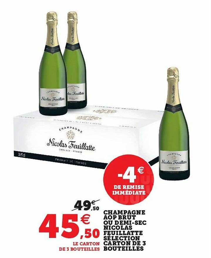 champagne aop brut ou demi-sec nicolas feuillatte sélection carton de 3 bouteilles