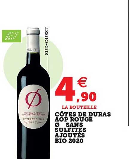 côtes de duras aop rouge sans sulfites ajoutés bio 2020