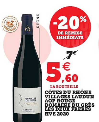 côtes du rhône villages laudun aop rouge domaine du grès les deux frères hve 2020