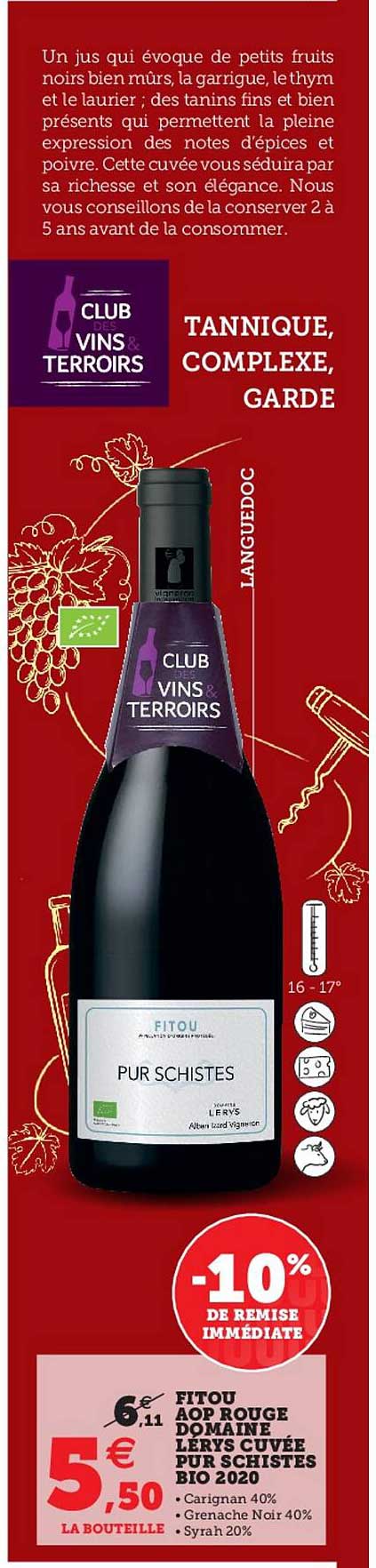 fitou aop rouge domaine lérys cuvée pur schistes bio 2020