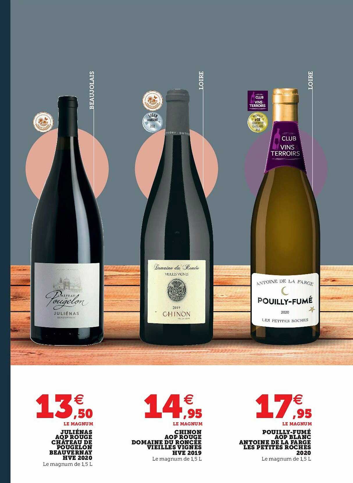 jultémas aop rouge château de pougelon beauvernay hve 2020, chinon aop rouge domaine du roncée vieilles vignes hve 2019, puilly-fumé aop blanc antoine de la farge les petites roches 2020
