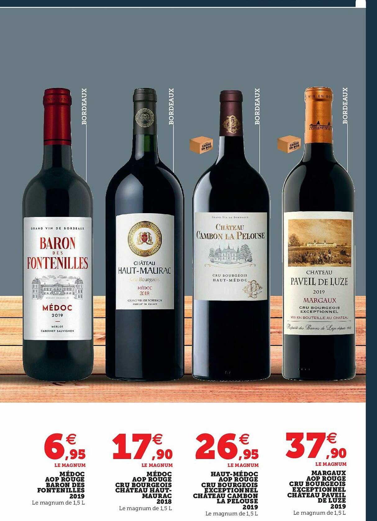 médoc aop rouge baron des fontenilles 2019, médoc aop rouge cru bourgeois château haut-maurac 2018, haut-médoc aop rouge cru bourgeois exceptionnel château cambon la pelouse 2019, margaux aop rouge