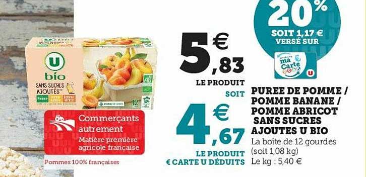 Purée De Pomme - Pomme Banane - Pomme Abricot Sans Sucres Ajoutés U Bio