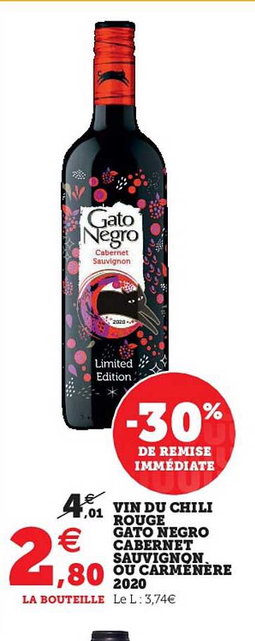 vin du chili rouge gato negro cabernet sauvignon ou carmenère 2020