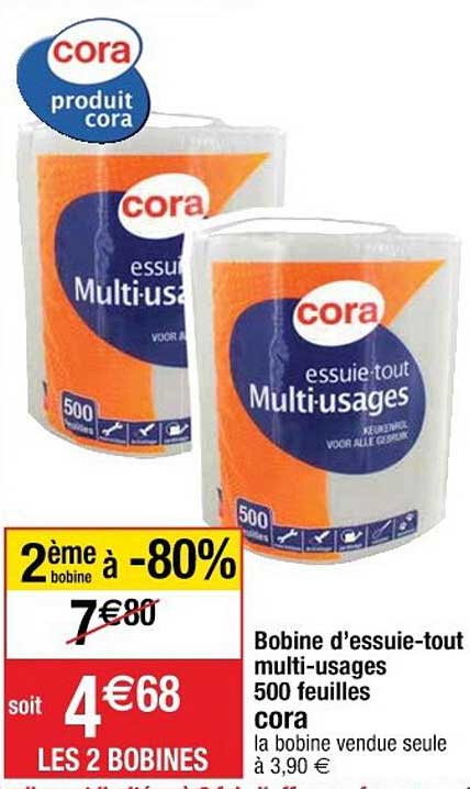 bobine d'essuie-tout multi-usages 500 feuilles cora
