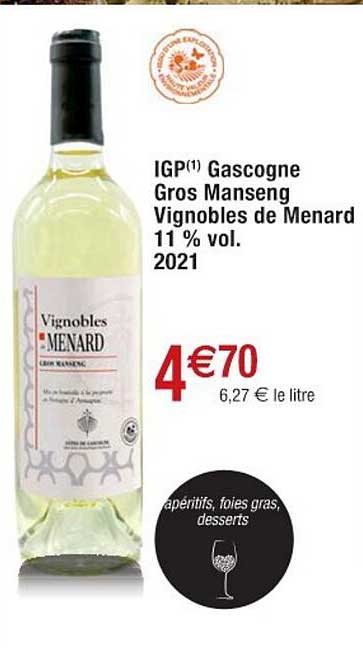 igp gascogne gros manseng vignobles de menard 11% vol. 2021