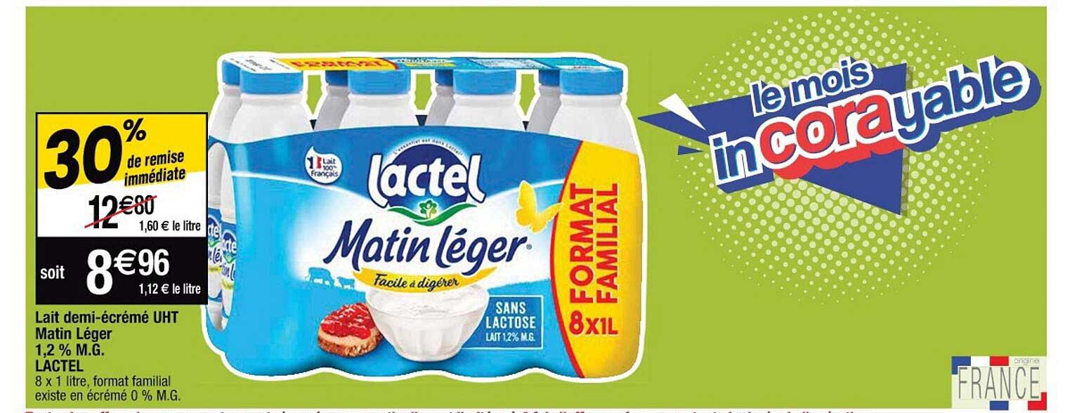 lait demi-écrémé uht matin léger 1,2% m.g. lactel