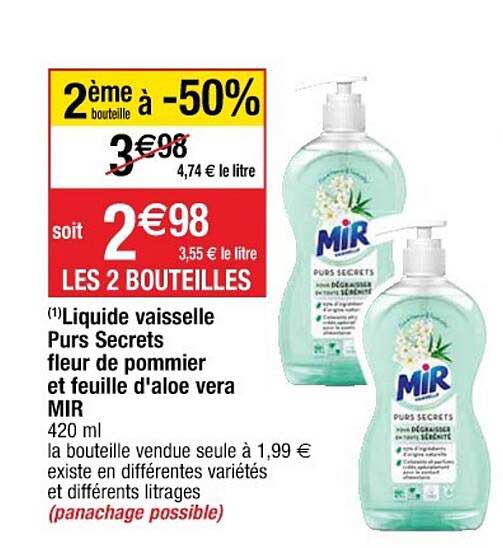 liquide vaisselle purs secrets fleur de pommier et feuille d'aloé vera mir