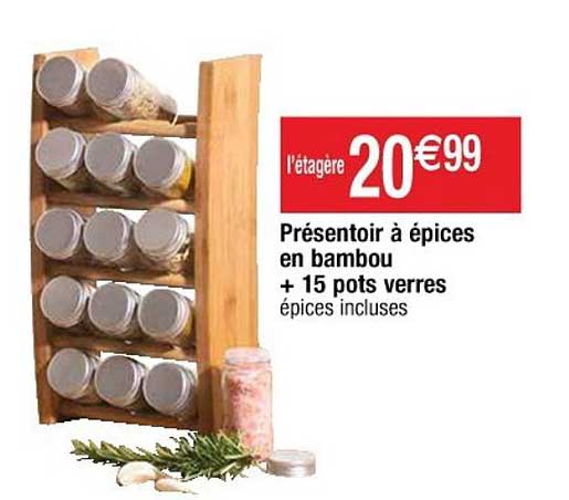 présentoir à épices en bambou + 15 pots verres
