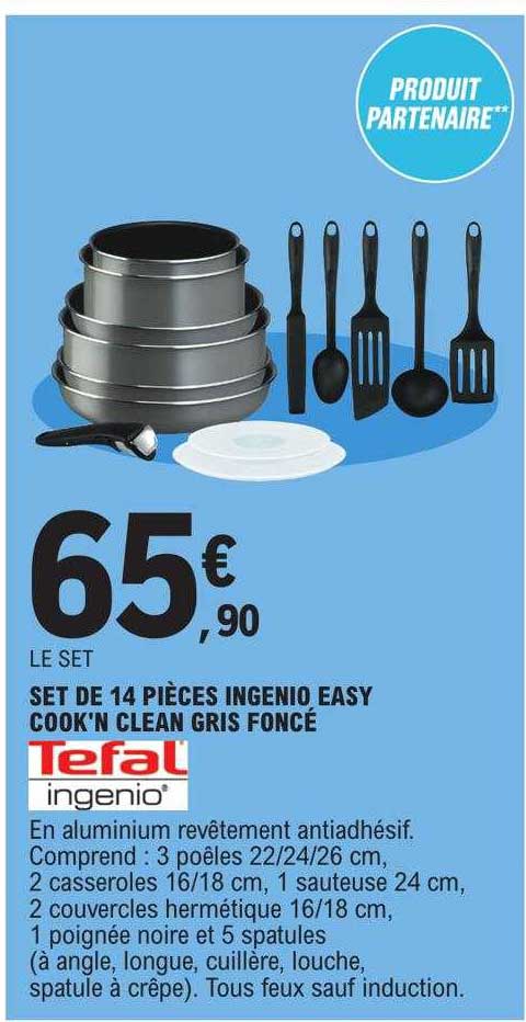 set de 14 pièces ingenio easy cook'n clean gris foncé tefal