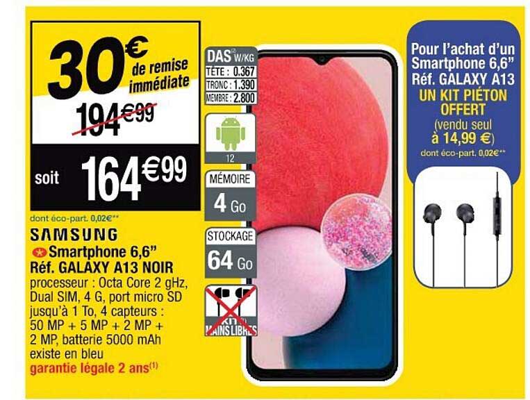 smartphone 6,6" galaxy a13 noir samsung