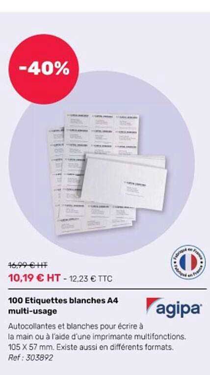 100 étiquettes Blanches A4 Multi-usage