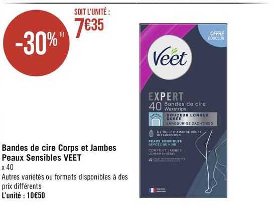 bandes de cire corps et jambes peaux sensibles veet