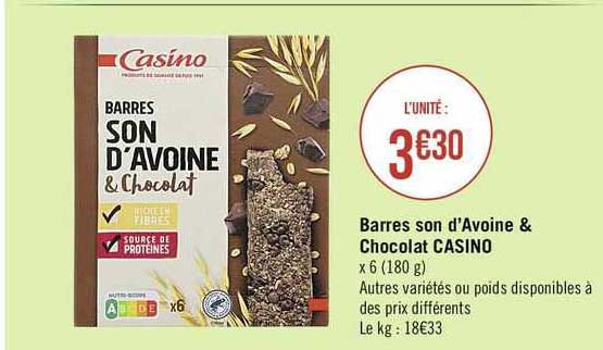 barres son d'avoine & chocolat casino