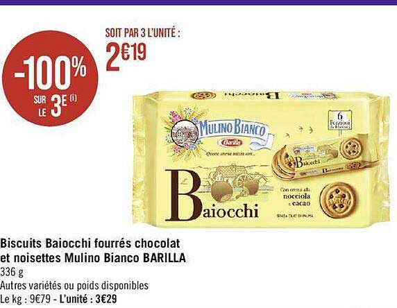 biscuits baicchi fourrés chocolat et noisettes mulino bianco barilla