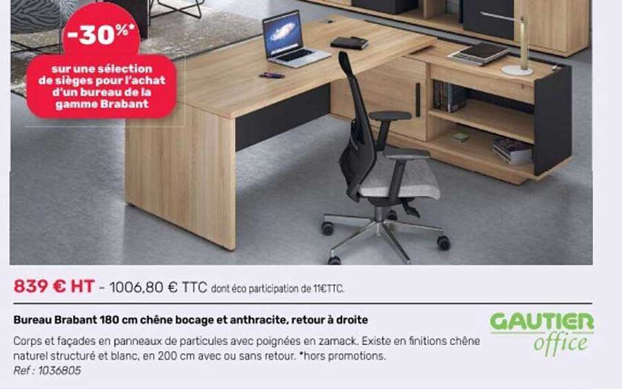 bureau brabant 180 cm chêne bocage et anthracite, retour à droite gautier office