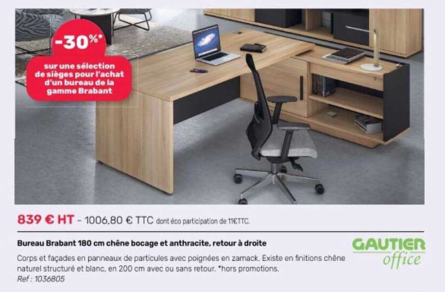 bureau brabant 180 cm chêne bocage et anthracite, retour à droite gautier office
