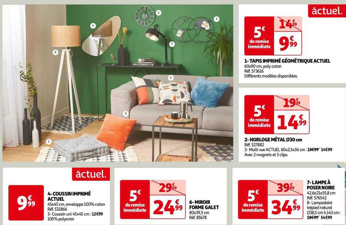 coussin imprimé actuel, miroir forme galet, tapis imprimé géométrique actuel, horloge métal ø 30 cm, lampe à poser noire