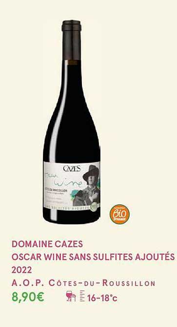 domaine cazes oscar wine sans sulfites ajoutés 2022 a.o.p. côtes-du-roussillon