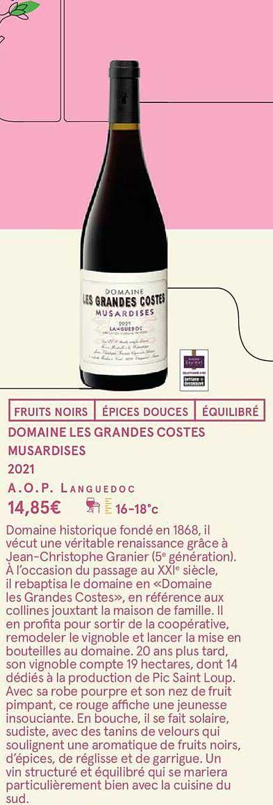 domaine les grandes costes musardises 2021 a.o.p. languedoc