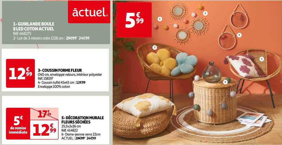 Guirlande Boule 8 Led Coton Actuel, Coussin Forme Fleur, Décoration Murale Fleurs Séchées