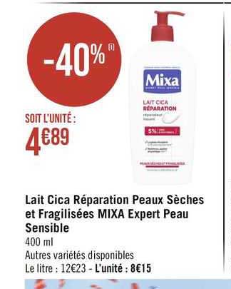 lait cica réparation peaux sèches et fragilisées mixa expert peau sensible
