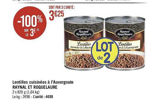 Lentilles Cuisinées à L'auvergnate Raynal Et Roquelaure