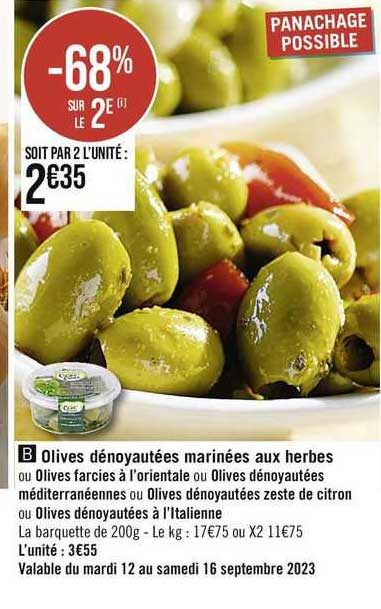 olives dénoyautées marinées aux herbes ou olives farcies à l'orientale ou olives dénoyautées méditerranéennes ou olives dénoyautées zeste de citron ou olives dénoyautées à l'ancienne