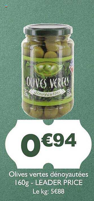 olives vertes dénoyautées - leader price