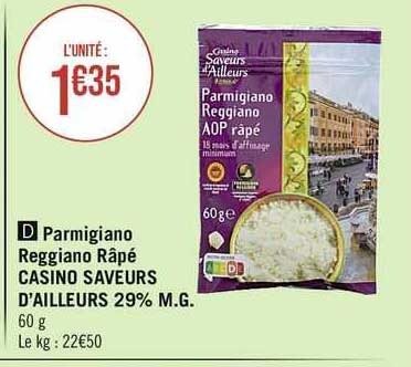 parmigiano reggiano râpé casino saveurs d'ailleurs 29% m.g.