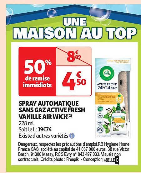 spray automatique sans gaz active fresh vanille air wick