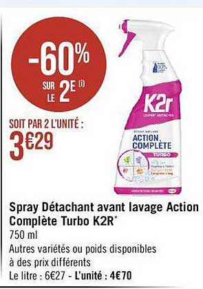 spray détachant avant lavage action complète turbo k2r