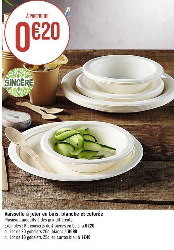 vaisselle à jeter en bois, blanche et colorée sincère