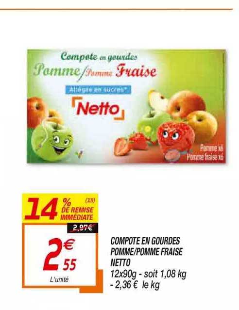 Compote En Gourdes Pomme Ou Pomme Fraise Netto