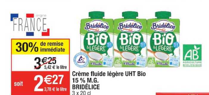 Crème Fluide Légère Uht Bio 15% M.g. Bridélice