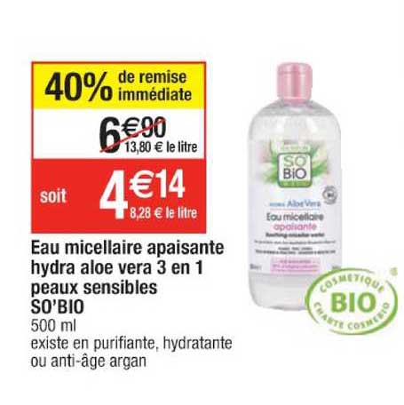eau micellaire apaisante hydra aloé vera 3 en 1 peaux sensibles so'bio