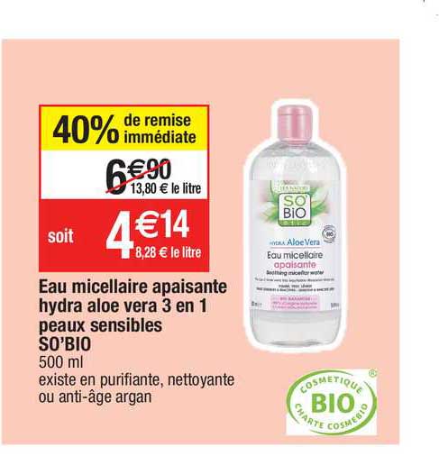 eau micellaire apaisante hydra aloé vera 3 en 1 peaux sensibles so'bio