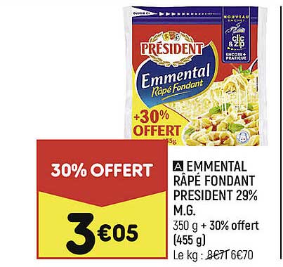 Emmental Râpé Fondant Président 29% Mg