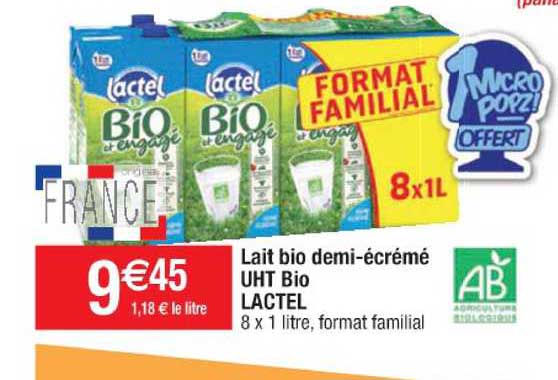 lait bio demi-écrémé uht bio lactel