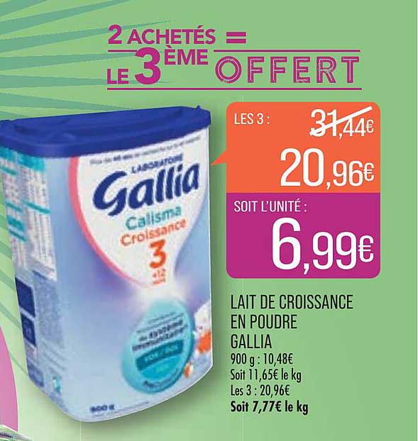 lait de croissance en poudre gallia 2 achetés = le 3ème offert