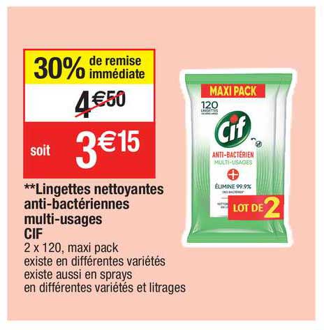lingettes nettoyantes anti-bactériennes multi-usages cif