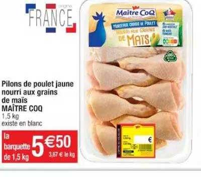 pilons de poulet jaune nourri aux grains de maïs maïtre coq