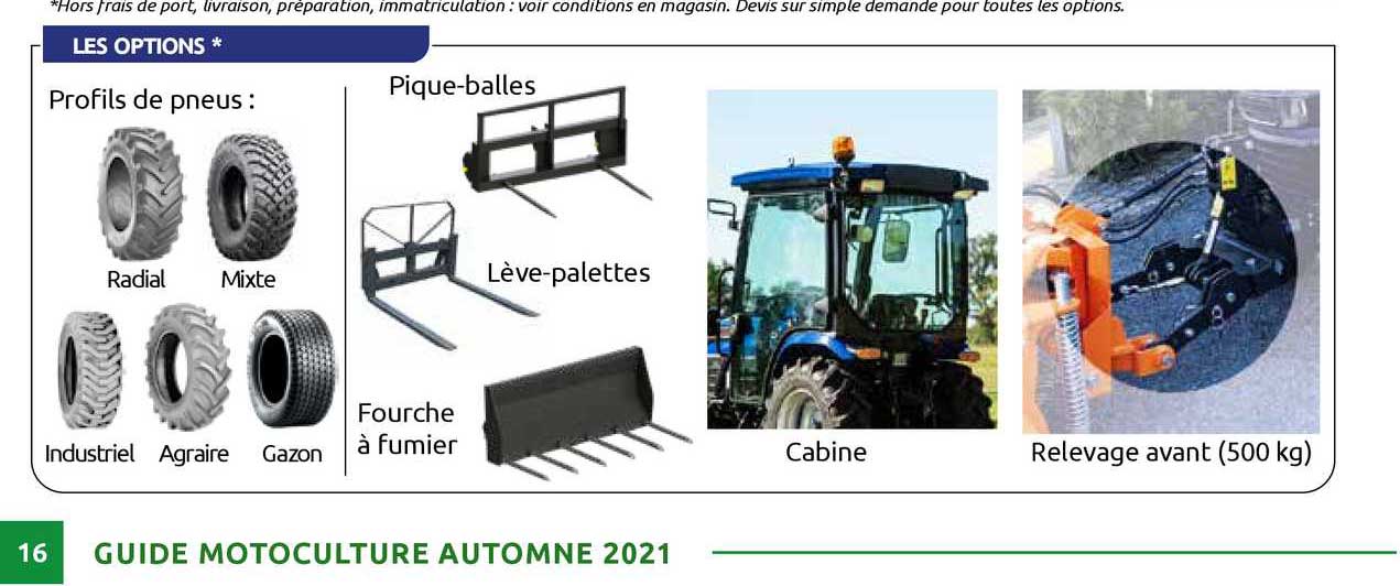 profils de pneus, pique-balles, lève-palettes, fourche à fumier, cabine relevage avant