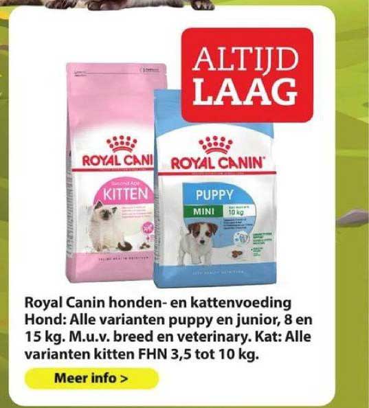 royal canin honden- en kattenvoeding hond: alle varianten puppy en junior, 8 en 15 kg.