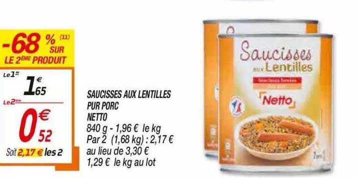 Saucisses Aux Lentilles Pur Porc Netto